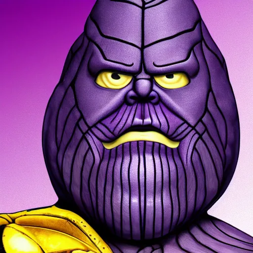 Image similar to thanos as an eggplant with eggplant features with the face of thanos, realistic, hyperrealistic, ultra realistic, real, real world, highly detailed, very detailed, extremely detailed, intricate details, 8 k resolution, hd quality