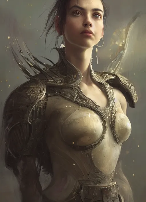 Image similar to a professional portrait of a beautiful young female, clothed in ethereal battle armor, olive skin, long dark hair, beautiful bone structure, symmetrical facial features, intricate, elegant, digital painting, concept art, smooth, sharp focus, finely detailed, illustration, from Valerian and the City of a Thousand Planets, in the style of Ruan Jia and Mandy Jurgens and Artgerm and Greg Rutkowski and William-Adolphe Bouguerea