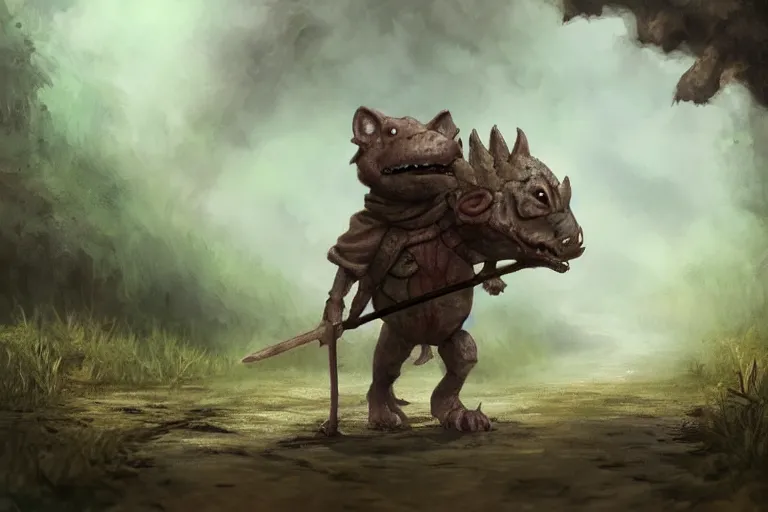 Image similar to a lone d & d kobold, traveling long dirt road, carrying a hobo stick over its shoulder, fantasy setting, 4 k, little draconic humanoid, super detailed, mood lighting, digital art