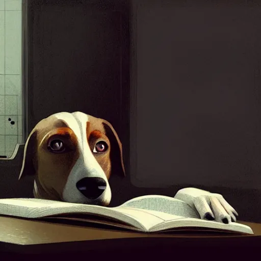 Image similar to a dog reviewing texts in a computer, art by greg rutkowski, intricate, elegant, highly detailed, smooth, sharp focus, artstation