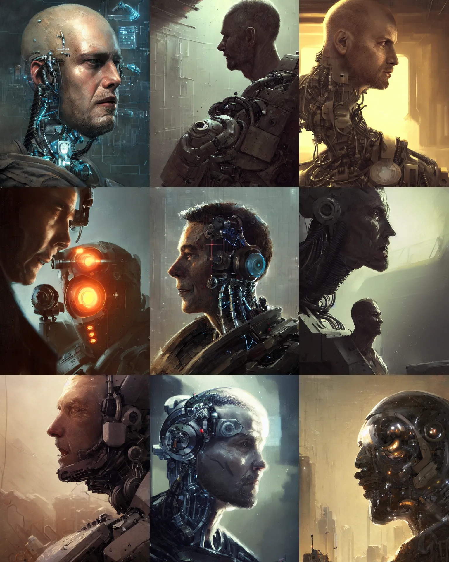 Prompt: a rugged laboratory engineer man with cybernetic enhancements as seen from a distance, scifi character portrait by greg rutkowski, craig mullins, daytoner, 1 / 4 headshot, cinematic lighting, dystopian scifi gear, gloomy, profile picture, mechanical, cyborg, half robot, implants, dieselpunk