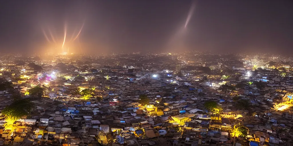 Image similar to large UFO over Ajegunle slums of lagos beaming neon rays of light, wide angle, Gold hour light,