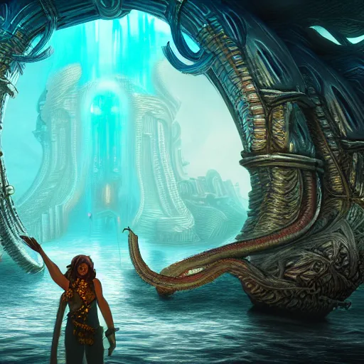 Prompt: beautiful digital fantasy illustration of an underwater city surrounded by tentacles, the forge of worlds, concept art by xul solar, two hands reaching for a fish, high detail texture, unreal engine, 8 k, photographic quality, ultra hyper realistic quality, 8 k definiton, hyper - realistic, cinematic, cinematic lighting