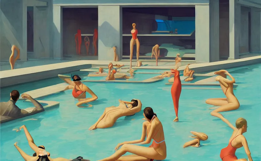 Prompt: Inside a big futuristic pool and ladies in bikini, very coherent, painted by Edward Hopper, Wayne Barlowe, painted by James Gilleard, airbrush, art by JamesJean