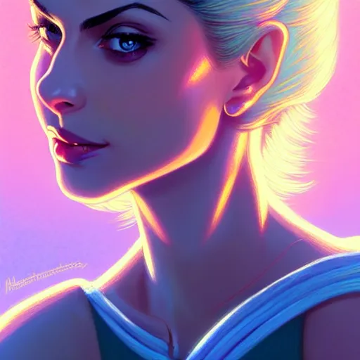 Prompt: Morena Baccarin as a beautiful blonde girl, intricate, highly detailed, digital painting, artstation, official media, anime key visual, concept art, rich vivid colors, ambient lighting, sharp focus, illustration, art by Artgerm, Makoto Shinkai, Ilya Kuvshinov, Lois Van Baarle, and Rossdraws