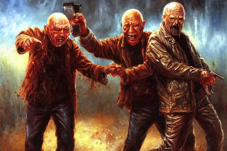 Image similar to portrait of tom atkins and donald pleasents fighting a zombie, an oil painting by ross tran and thomas kincade