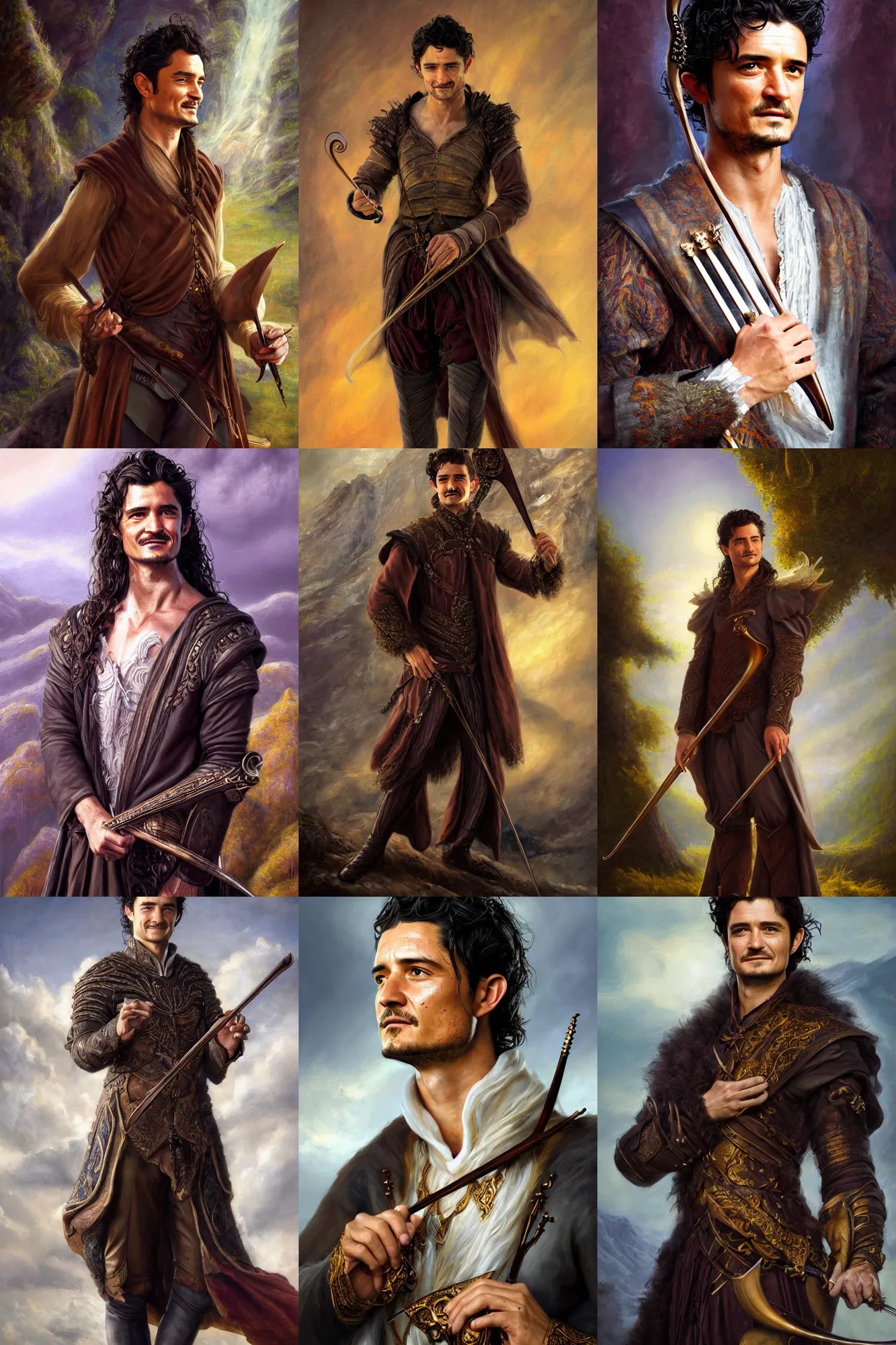 Prompt: a full body high detail fantasy portrait oil painting illustration of orlando bloom as an elegant male bard by justin sweet with face and body clearly visible, in a scenic background, striking eyes, realistic proportions, d & d, rpg, forgotten realms, artstation trending, high quality, sombre mood, artstation trending, muted colours, entire person visible!