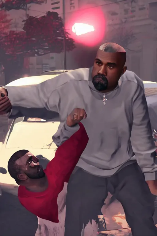 Image similar to kanye west having a fistfight with lester crest from gta v, gameplay, grand theft auto v, strong dramatic cinematic lighting, blood red sky, smooth, sharp focus, extremely detailed