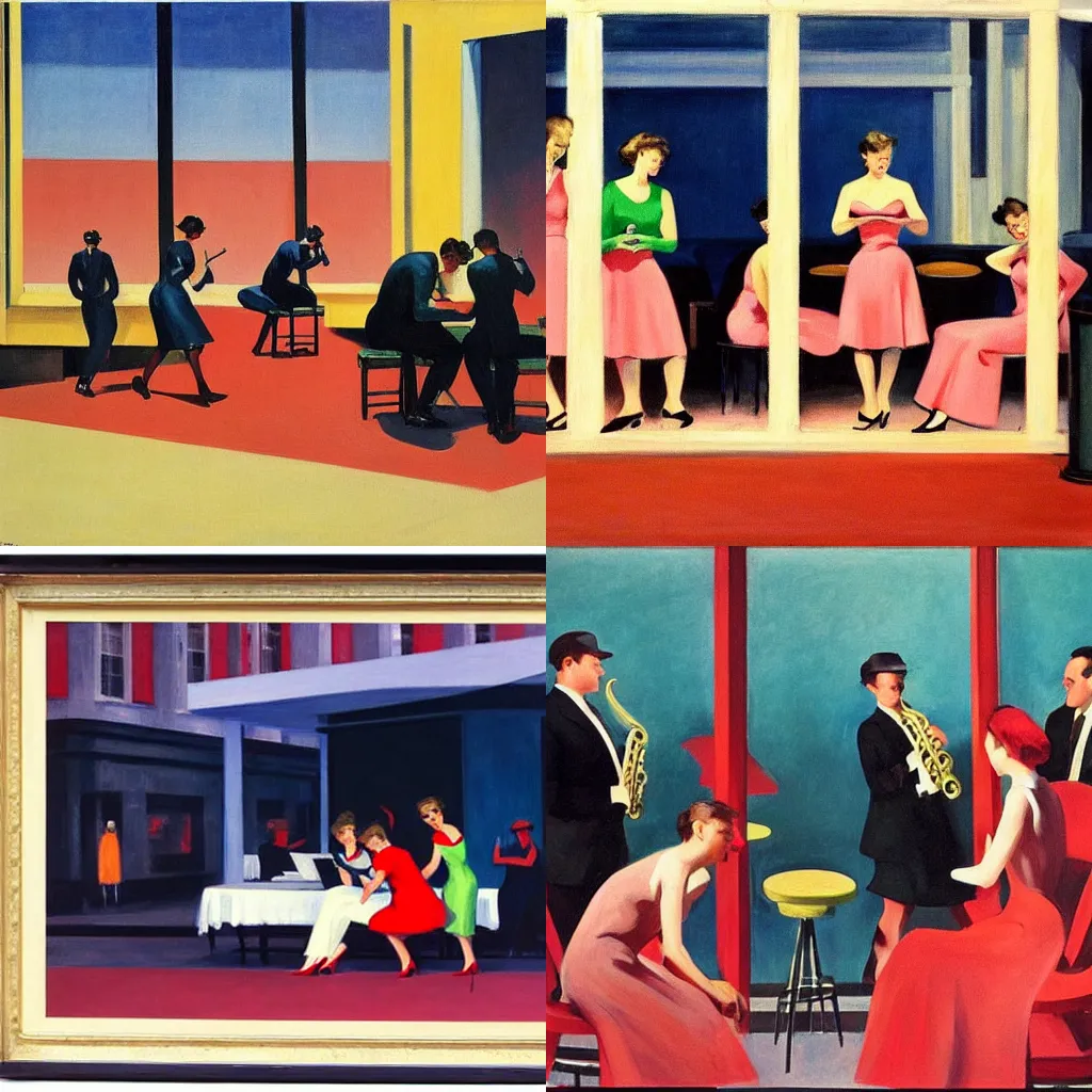 Prompt: 1950s jazz group painted by edward hopper