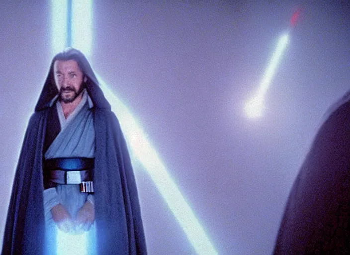 Prompt: screenshot of the force ghost glowing blue spirit of qui gon jinn speaking to Luke skywalker, in a hazy lit ancient Jedi cathedral, screenshot from the 1970s star wars thriller directed by stanley kubrick, Photographed with Leica Summilux-M 24 mm lens, ISO 100, f/8, Portra 400, kodak film, anamorphic lenses
