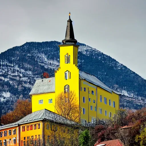 Image similar to a large yellow building with a steeple on top of it, up a hill, a picture by werner andermatt, shutterstock contest winner, heidelberg school, wimmelbilder, hdr, sabattier filter