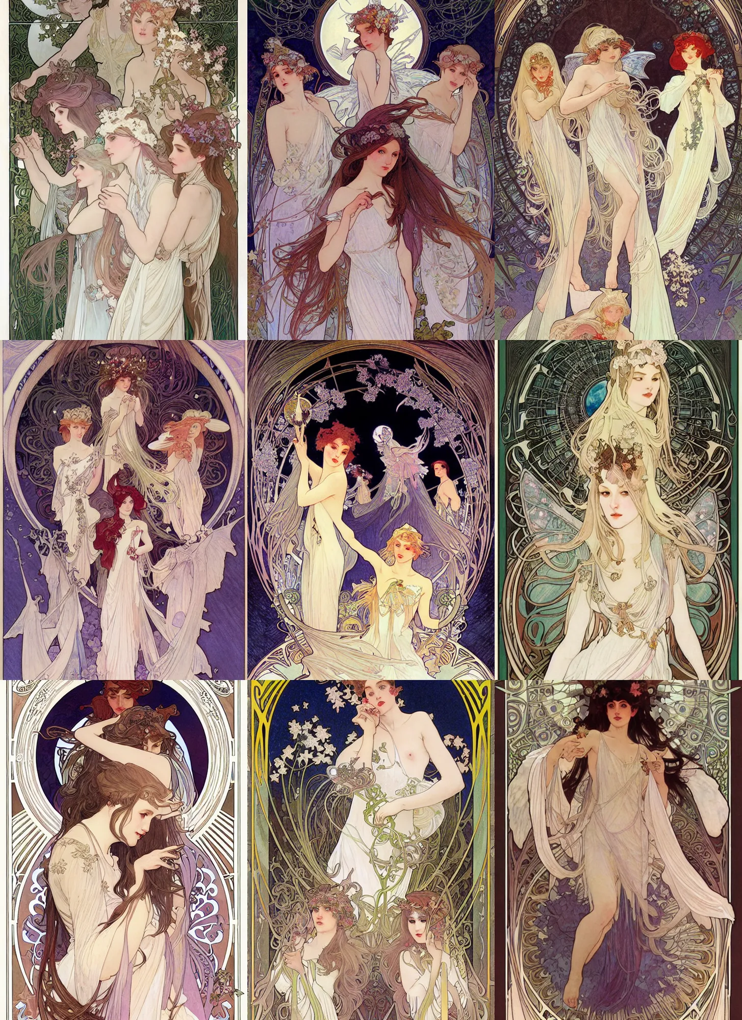 Prompt: group portrait of fairies of the moon, pale, white dress, mystical, lunacy, extremely detailed, digital illustration, by rossdraws, alphonse mucha, frank fanzzeta, collectible card art