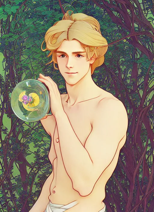 Image similar to pretty young man with shoulder length blond hair, male, half body shot, path traced, highly detailed, high quality, digital painting, by studio ghibli and alphonse mucha, leesha hannigan, hidari, art nouveau, chiho aoshima