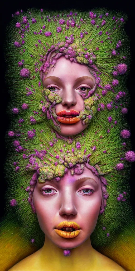 Image similar to hyper detailed 3d render like a Oil painting - portrait sculpt of Aurora (Singer) seen in mascara Lips on the Strangling network of yellowcake aerochrome and milky Fruit that covers her body wearing a 1950s dress and Her delicate Hands hold of gossamer polyp blossoms bring iridescent fungal flowers whose spores black the foolish stars by Jacek Yerka, Mariusz Lewandowski, Houdini algorithmic generative render, Abstract brush strokes, Masterpiece, Edward Hopper and James Gilleard, Zdzislaw Beksinski, Mark Ryden, Wolfgang Lettl, hints of Yayoi Kasuma, octane render, 8k