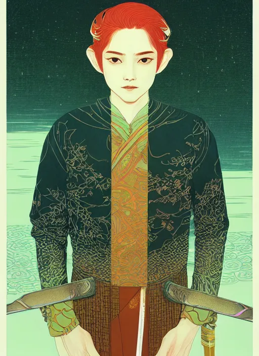 Prompt: third lotus prince committed suicide by drawing his sword by the riverby ilya kuvshinov and victo ngai