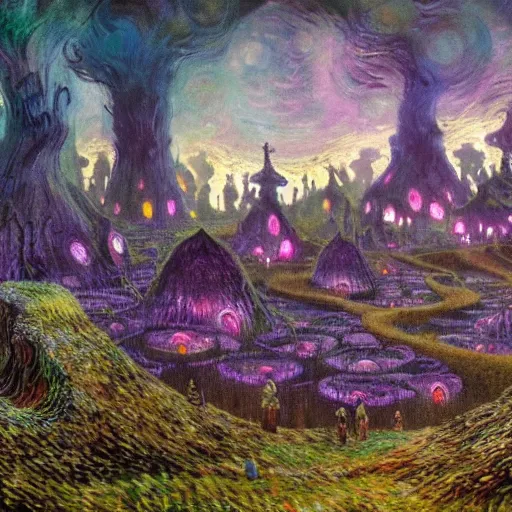 Prompt: concept art detailed painting of a dark purple fantasy fairytale fungal town made of mushrooms, with glowing blue lights, in the style of wayne barlowe and vincent van gogh and albert bierstadt and claude monet