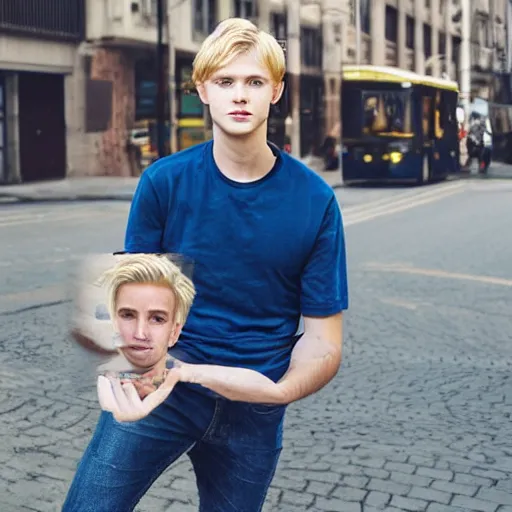 Prompt: a beautiful young man, blond, medium hair, blue eyes, in the middle of the city, hyper realistic