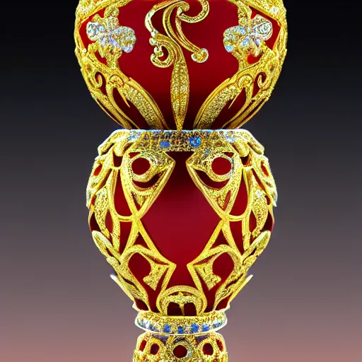 Image similar to photorealistic visualization of Faberge egg epic gold and silver filigree of red diamond luminous stone, 8K, 3D,