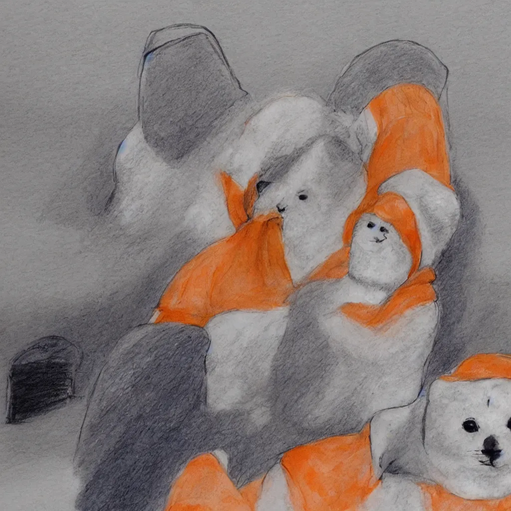 Image similar to a baby harp seal in an orange prisoner jumpsuit, dressed as a prisoner, sitting next to his lawyer in court, courtroom sketch