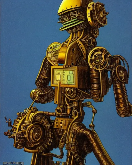 Image similar to steampunk robot, half body by ralph mcquarrie and frank lloyd frank lloyd and bruce pennington and ted nasmith