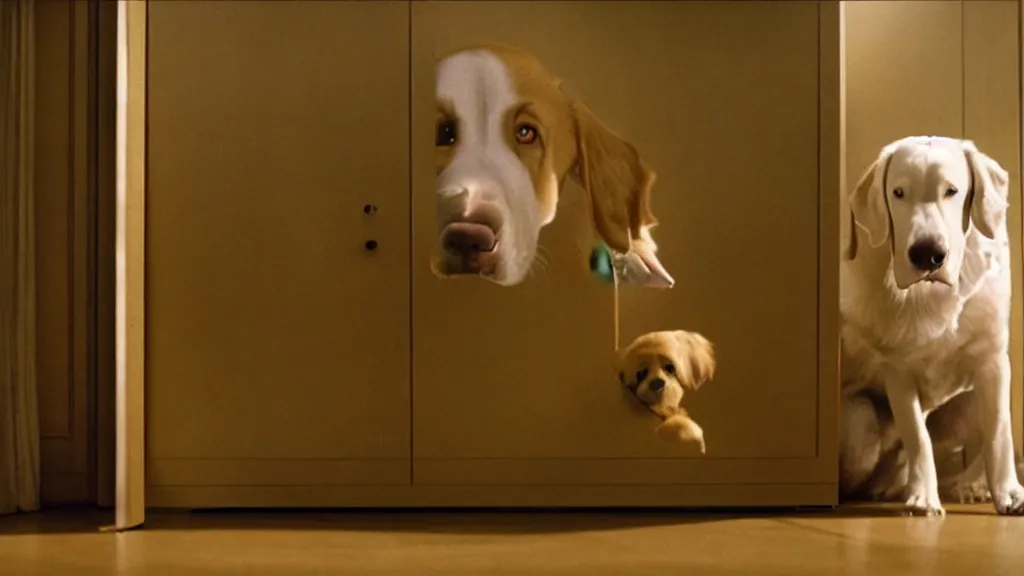 Prompt: giant dog in the cupboard, film still from the movie directed by Denis Villeneuve with art direction by Salvador Dalí, wide lens