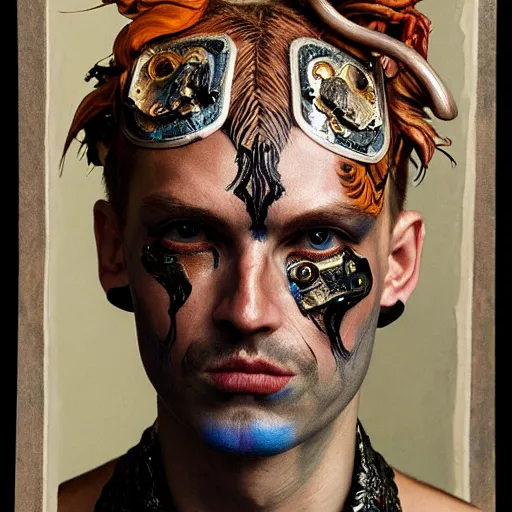 Image similar to an award finning closeup facial portrait by akseli kallen gallela luis rogyo and john howe of a bohemian male cyberpunk traveller clothed in excessively fashionable 8 0 s haute couture fashion and wearing ornate art nouveau body paint