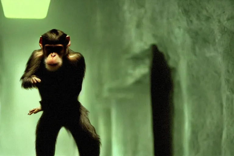 Image similar to a monkey starring as Neo on the matrix (1999), cinematic lighting, movie still