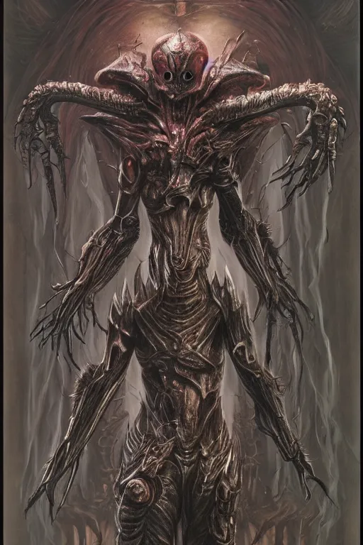 Image similar to portrait of samus metroid by hr giger and wayne barlowe as a diablo, dark souls, bloodborne monster, veiled necromancer lich bride