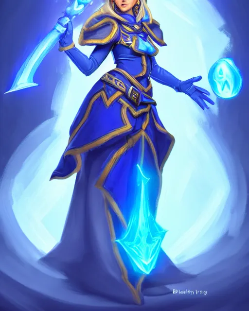 Prompt: perfectly - centered!! looking at the camera!!! full body portrait of the female blue mage, bright lighting, by hearthstone, concept art, hearthstone mastered art