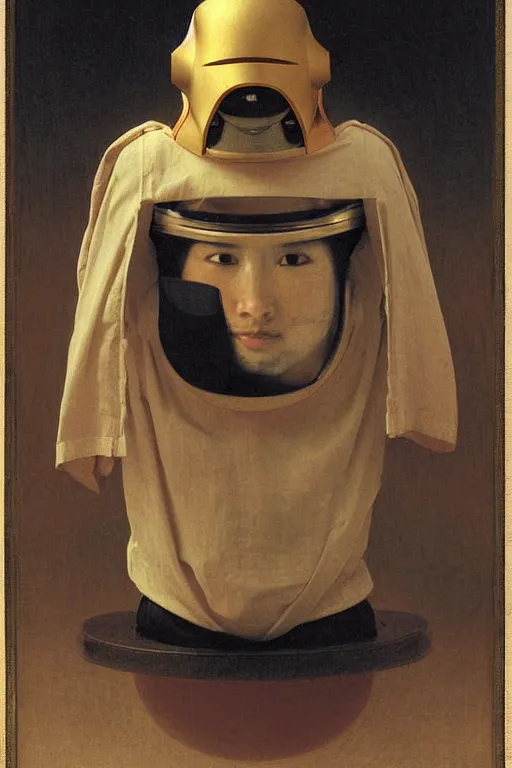 Image similar to portrait of a astronaut in samurai helmets an ancient human species, single person, by bouguereau