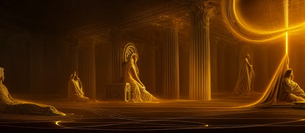 Image similar to the ethereal diety of technology bestows the gift of circuits to humanity. immaculate matte painting. fantastic. velvet and gold. high key studio lighting. fractal dreams. ancient greece, trending on artstation, cgsociety, ps 5, uhd 8 k, maya