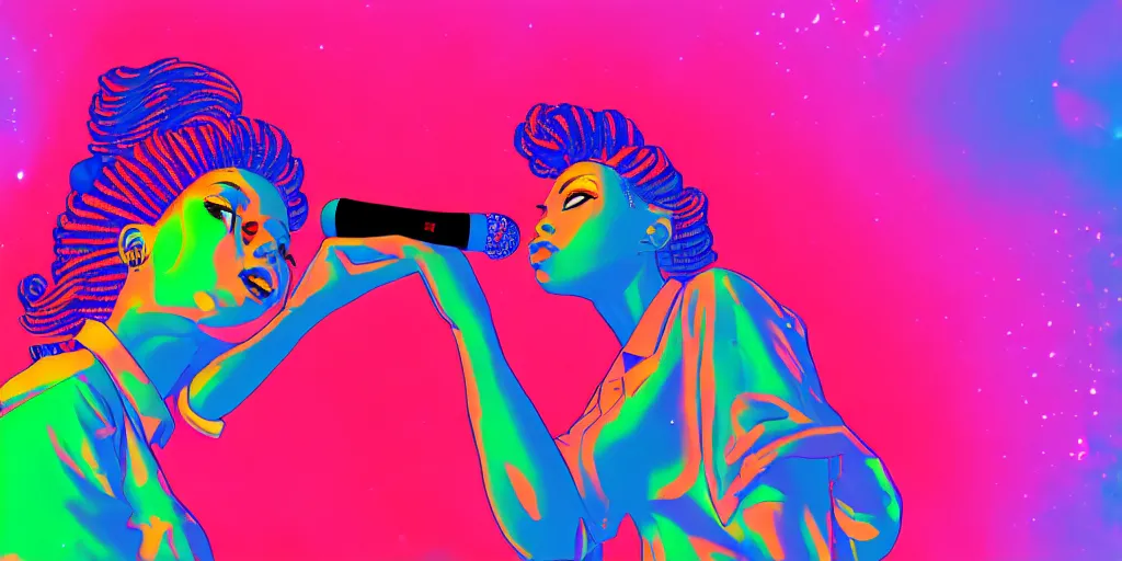 Image similar to lady rapper performing at huge festival holding microphone, epic pose, digital art, vaporwave, psychedelic, surreal, hip hop, trending on Artstation, professional artist, detailed, 4k