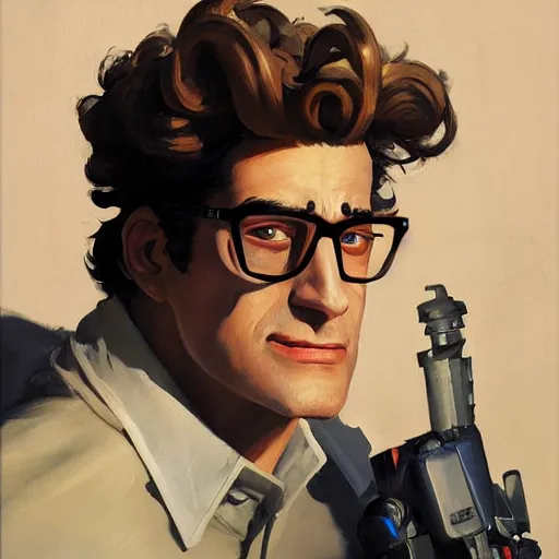 Image similar to greg manchess portrait painting of armored dr. egon spengler as overwatch character, medium shot, asymmetrical, profile picture, organic painting, sunny day, matte painting, bold shapes, hard edges, street art, trending on artstation, by huang guangjian and gil elvgren and sachin teng