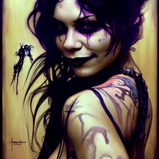 Image similar to beautiful portrait of vanessa hudgens as death from sandman, smiling, by cedric peyravernay, alphonse mucha, by jeremy mann, by lecouffe deharme, goth chic, soft lightning, eyeliner, punk rock, high detailed, 8 k