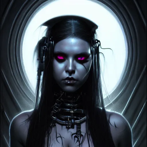 Image similar to portrait of a female cybergoth grim dark, dark, piercing eyes, exotic expression, esoteric clothing, photorealistic, highly detailed, mysterious lighting, artstation, smooth, sharp focus, art by michael whelan, artgerm, greg rutkowski and luis royo