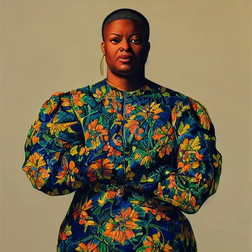 Image similar to A portrait of a thick powerful and pretty non-binary person, oil painting by Kehinde Wiley, majestic, detailed, high resolution