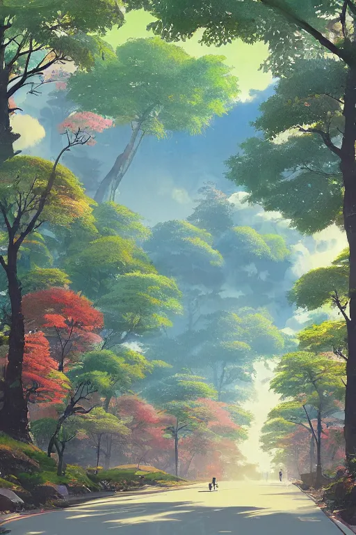 Prompt: avenida paulista in a colorful moutain with beautiful trees, morning, by studio ghibli painting, superior quality, masterpiece, traditional Japanese colors, by Grzegorz Rutkowski, concept art