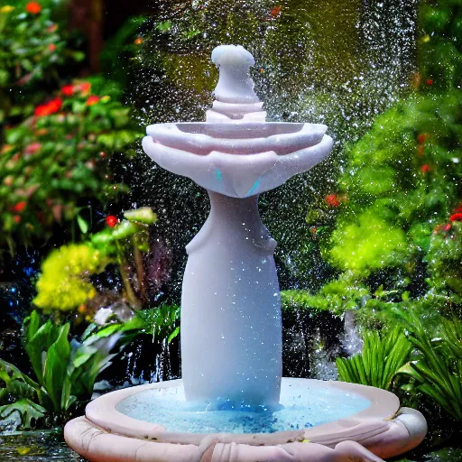 Image similar to photograph of Georgia O'Keefe flower sculptural fountain with flower petals and water flowing throughout, feminine, beautiful, curvy, flowers background, romantic, sensual, shallow depth of field