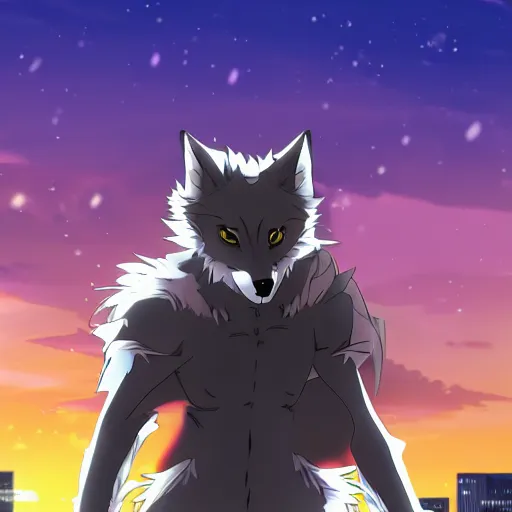 Prompt: key anime visual of a handsome male anthro wolf furry fursona wearing an edgy outfit as he walks outdoors in a city at sunset, official modern anime scene