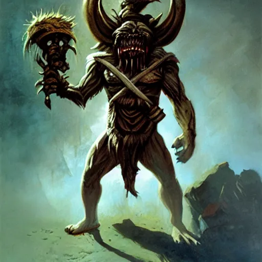 Image similar to quarter length portrait of a bugbear, d & d, fantasy, greg rutkowski, frank frazetta, alexandre chaudret, boris vallejo, michael whelan, miro petrov, hr giger, magali villeneuve, donato giancola