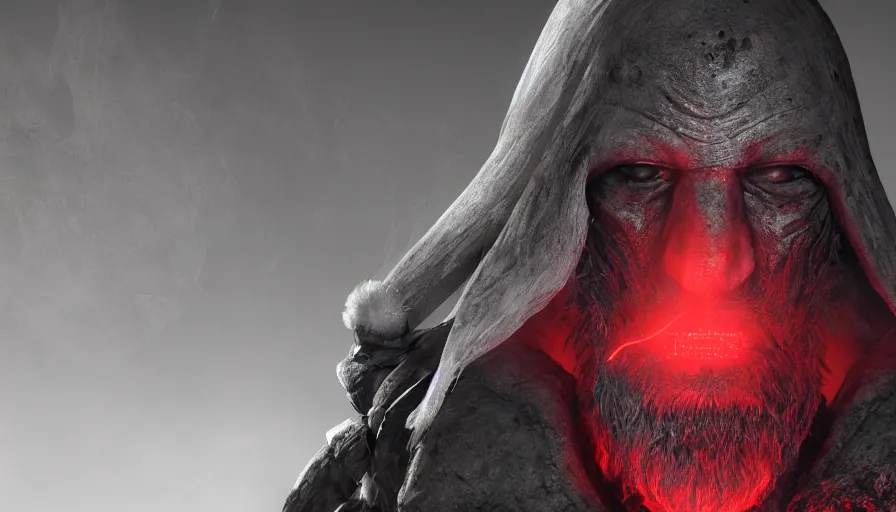 Prompt: a digital art portrait of an old pale warrior with glowing red eyes and grey beard character design from dark souls, old inquisition character sheet, 4 k, ultra detail, volumetric lighting, unreal engine, octane render