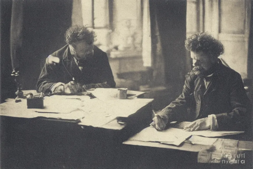 Image similar to wet plate photograph, august strindberg sitting alone writing alone at a secretary desk in a small messy viennese apartment, night time, alone, oil lamp light, victorian era, depth of field, very detailed, highly accurate, intricate