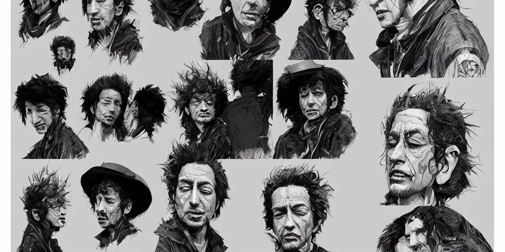 Prompt: Bob Dylan design, character sheet, Kim Jung Gi, Greg Rutkowski, Zabrocki, Karlkka, Jayison Devadas, Phuoc Quan, trending on Artstation, 8K, ultra wide angle, zenith view, pincushion lens effect