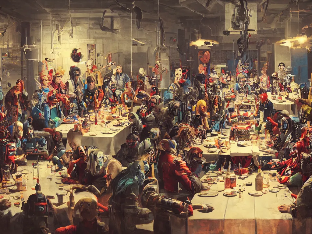 Image similar to the last supper with punks, criminals and robots in a painting from stalenhag, 4 k, 8 k, hdr, artstation, concept art