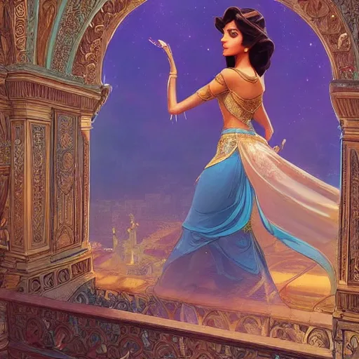 Prompt: beautiful princess jasmine, disney, palace background, intricate, elegant. highly detailed, digital painting, artstation, concept art, smooth, sharp, focus, illustration. art by artgerm and greg rutkowski and alphonse mucha