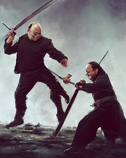 Prompt: “ george costanza and danny devito having a swordfight, very epic, digital art, greg rutkowski ”