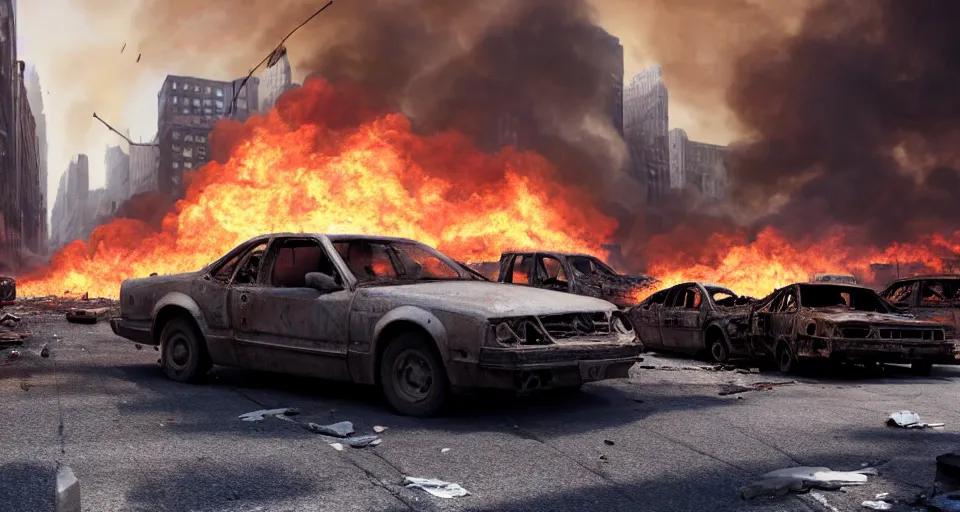 Image similar to A beautiful hyper realistic ultra detailed lifelike matte painting of a scruffy grey Timber Wolf standing in the middle of a destroyed New York City street with cars and buildings engulfed in flames on fire, unreal engine, deviantart, flickr, artstation, octane render, dimly lit, textured, colorful, extreme realistic detail, physically based rendering, pbr render, very detailed, volumetric lighting, detailed lighting, octane render, 4k, cinematic lighting, 8k resolution