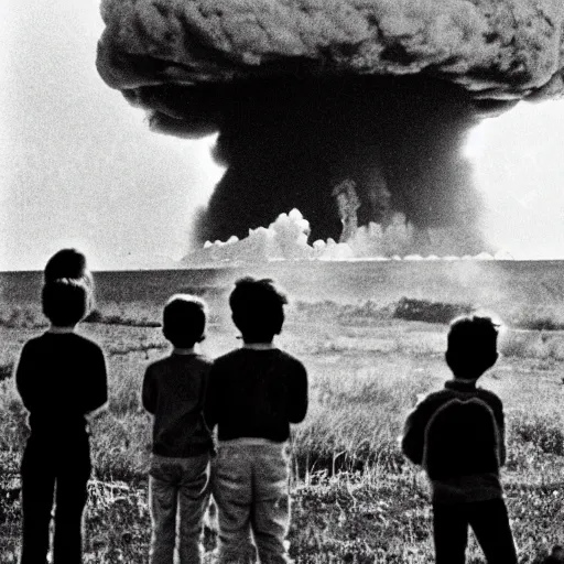 Image similar to group of kids watch as a nuclear bomb goes off in the background, nuclear detonation, burst, blow up, big mushroom cloud, group of kids watching an explosion in the distance