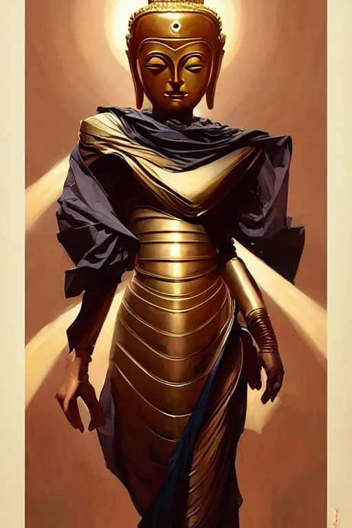 Image similar to buddhism, futurism, knight, painting by greg rutkowski, j. c. leyendecker, artgerm