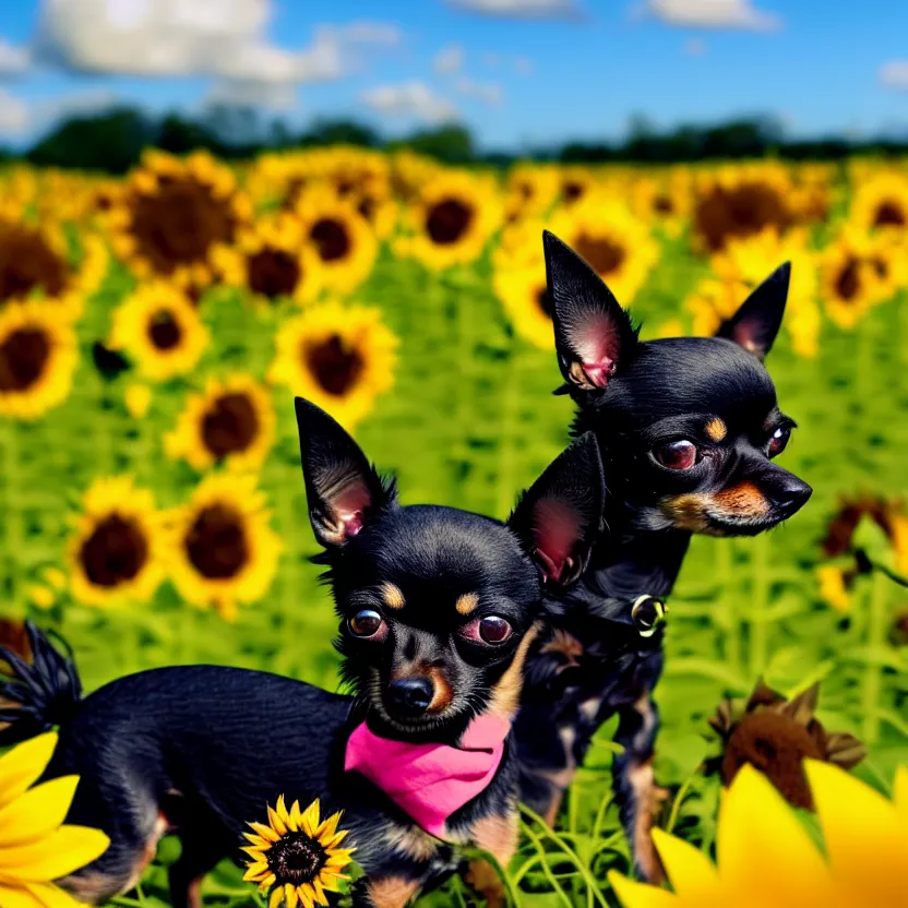 Prompt: small black chihuahua with tan around her eyes and slightly large pointy ears and a tiny little tongue sticking out, lying in the grass field with a blue sky looking happy, surrounded by beautiful sunflowers flowers, trending on artstation, gorgeous sky, award winning digital art, 4 k,